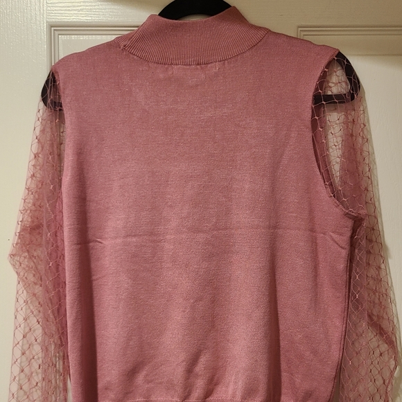 MADISON + HUDSON LACE SHEER SLEEVE RAYON MOCK NECK BLUSH RAYON TOP - Picture 15 of 15